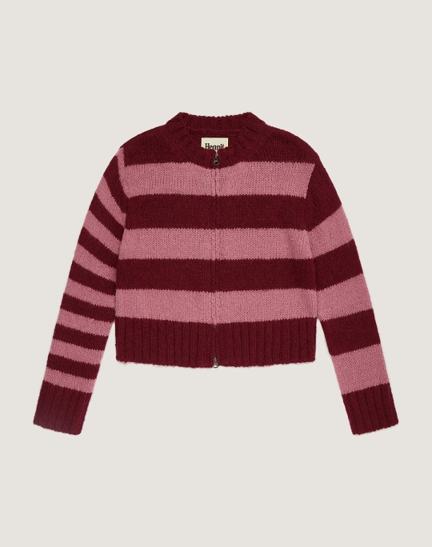 헤니트 Stripe Knit Zip-Up Cardigan (Red/Pink)