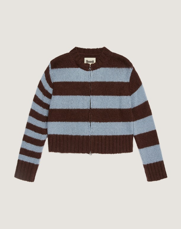 헤니트 Stripe Knit Zip-Up Cardigan (Sky Blue/Brown)