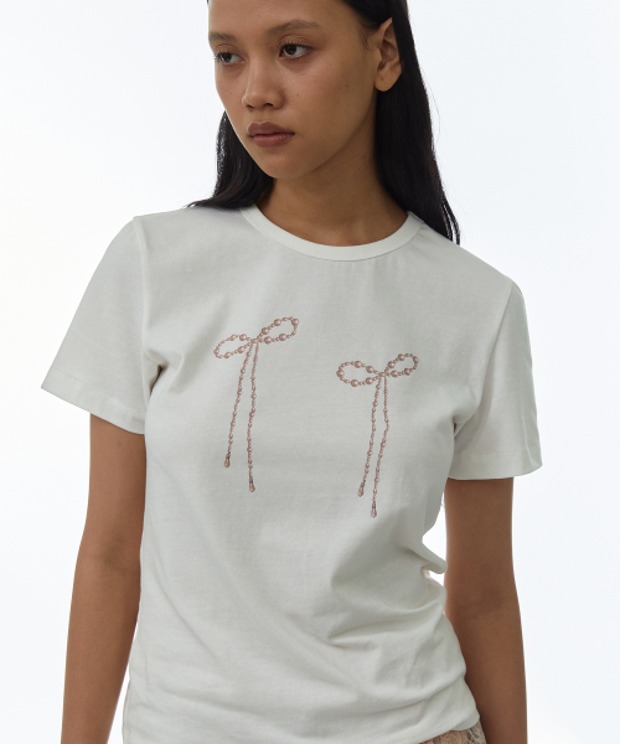 밀로 [WOMEN] 펄 리본 티셔츠 [화이트]